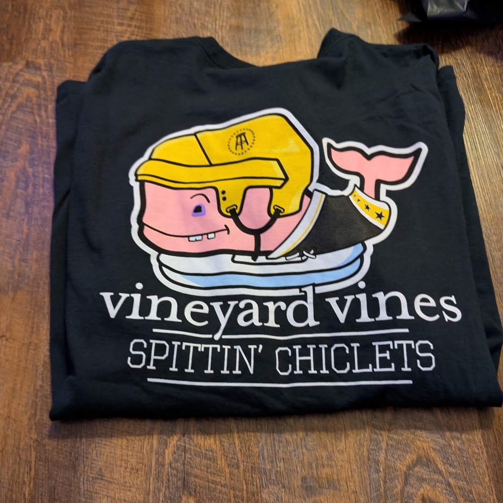 Vineyard Vines Black Tee with Pink Whale and Yellow Helmet Graphic